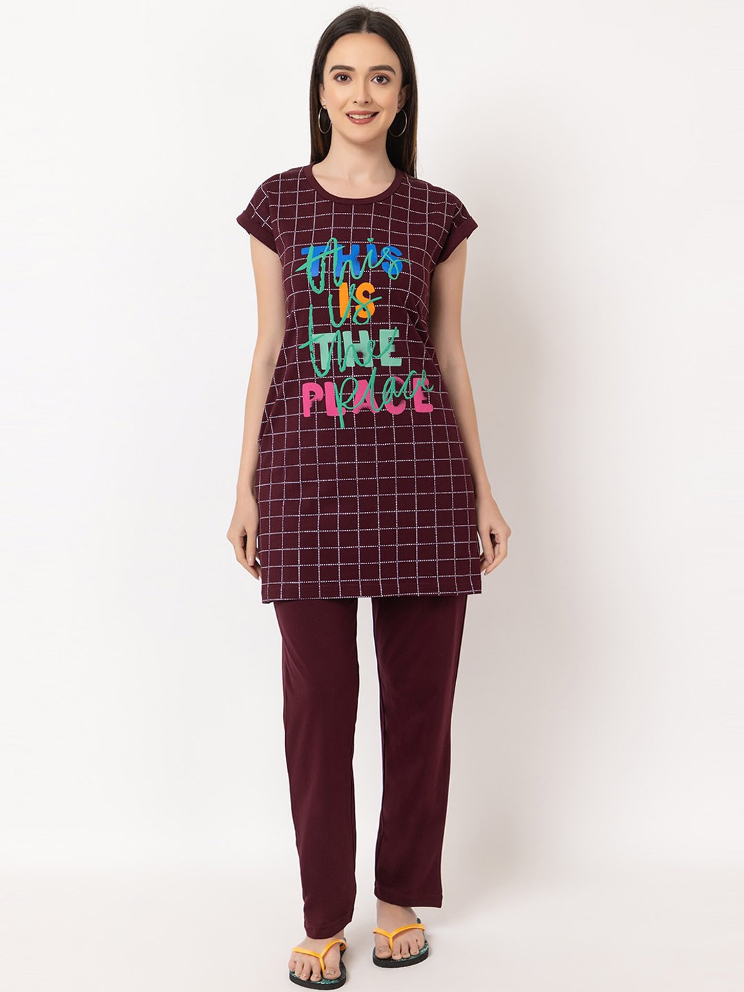 

KEPA Typography Printed Pure Cotton Longline Night suit, Purple