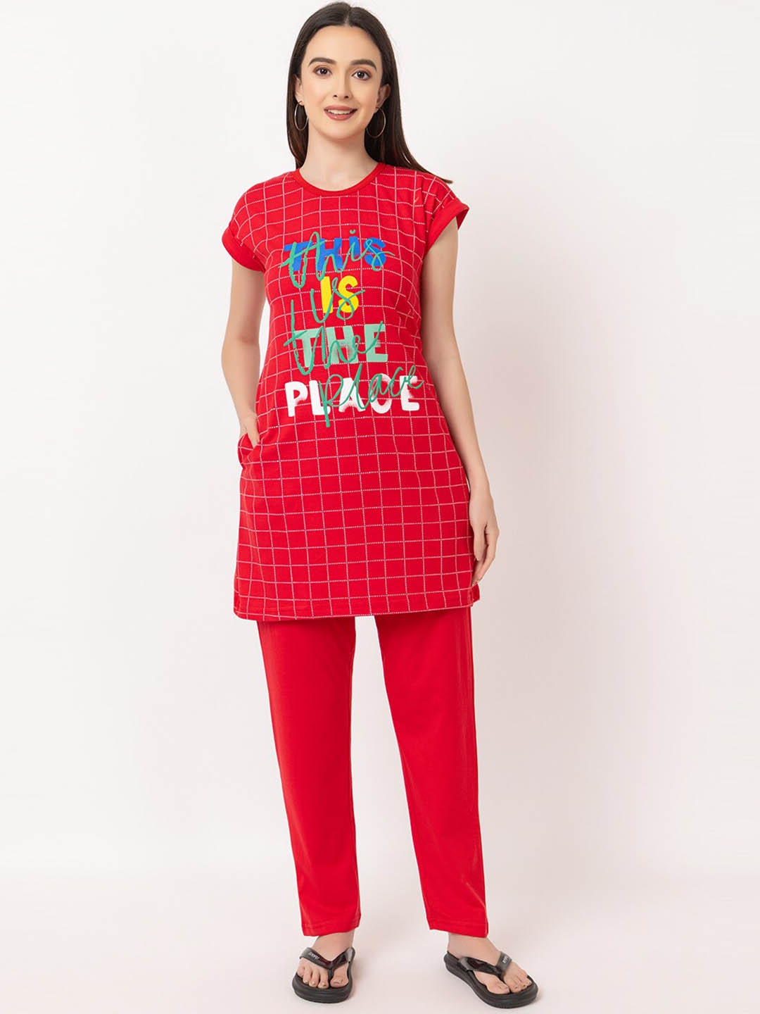 

KEPA Typography Printed Pure Cotton Longline Night suit, Red