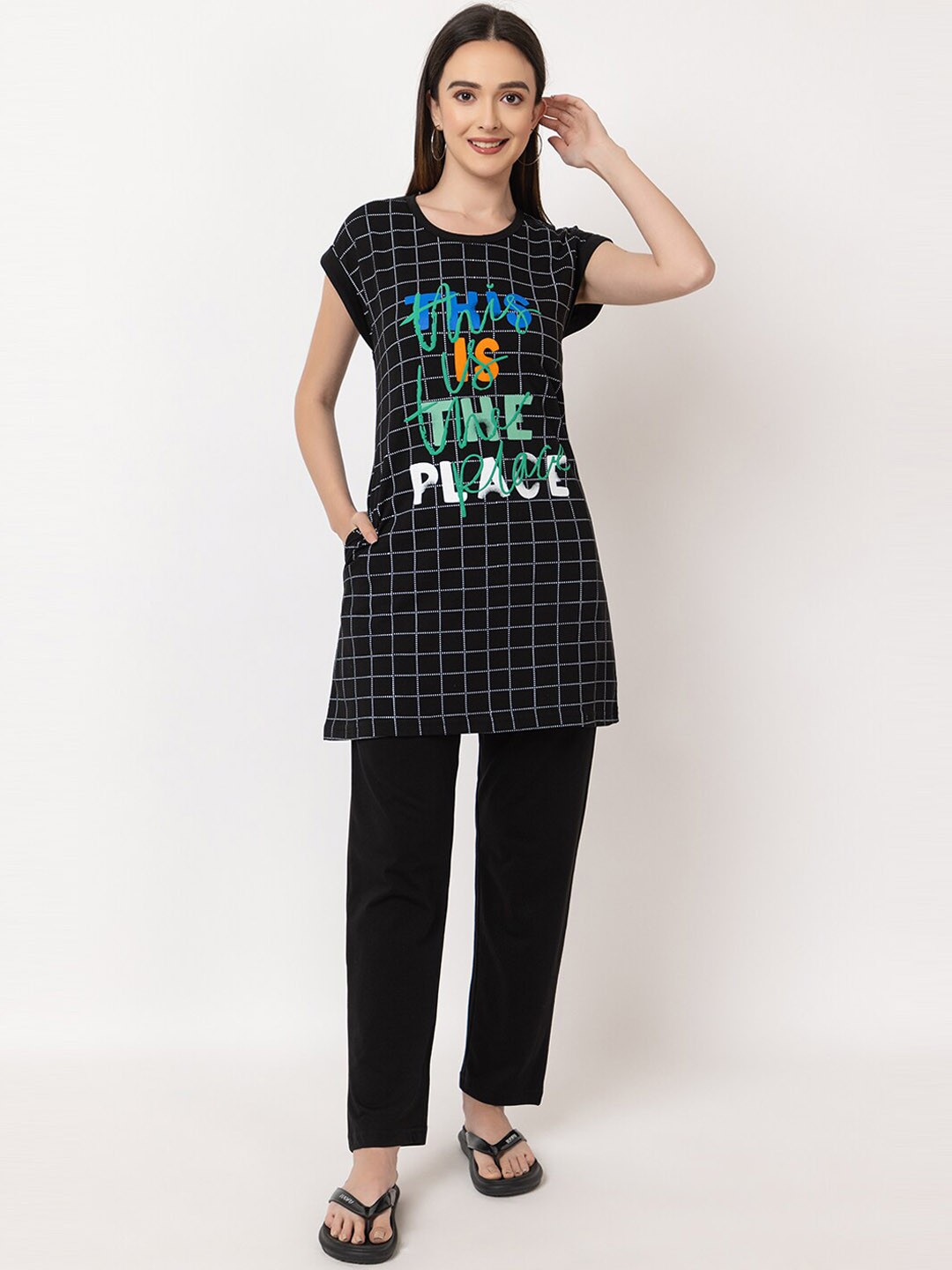 

KEPA Typography Printed Pure Cotton Longline Night suit, Black
