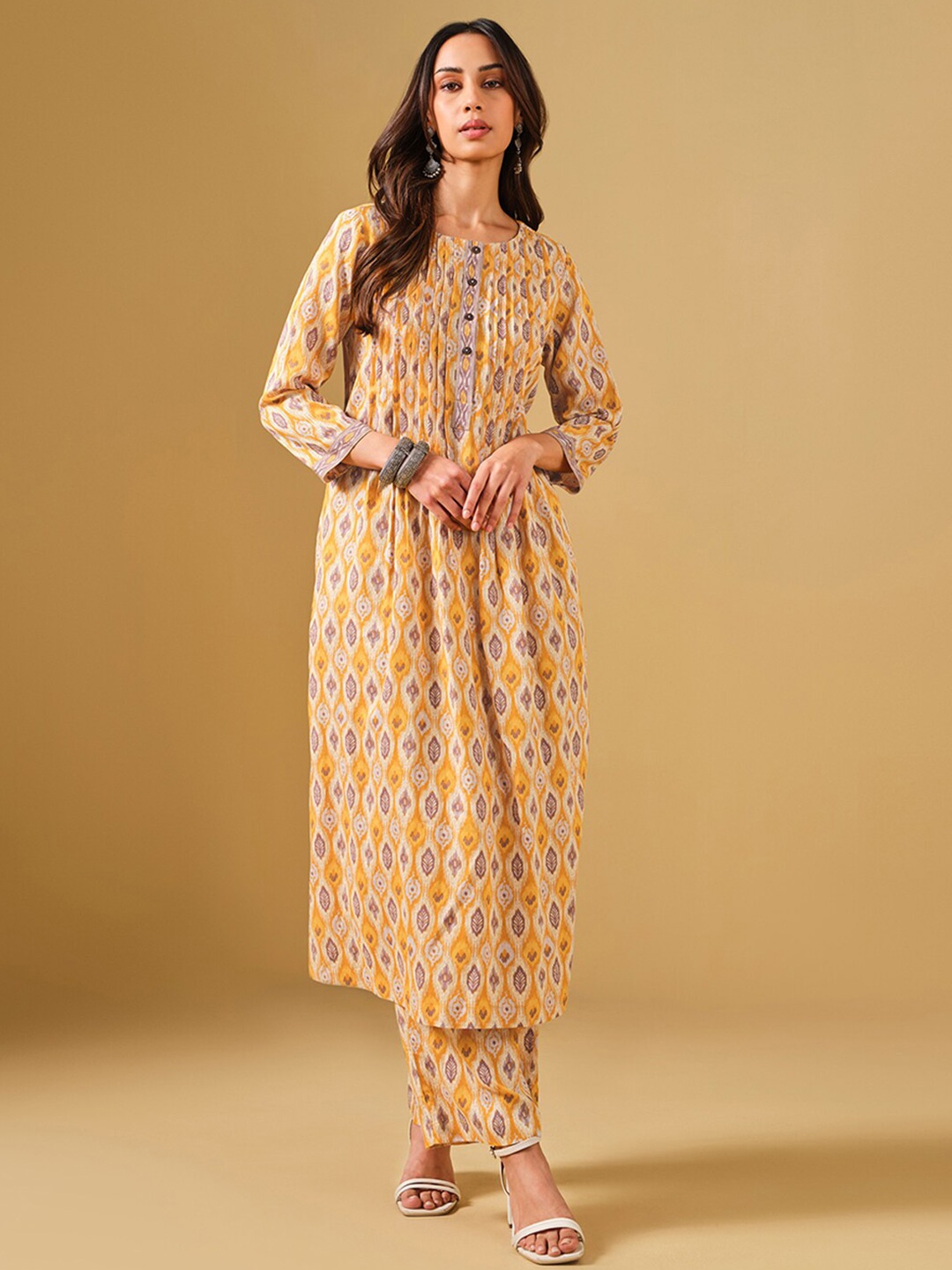 

Global Desi Ethnic Motifs Printed Pleated Kurta with Palazzos, Mustard