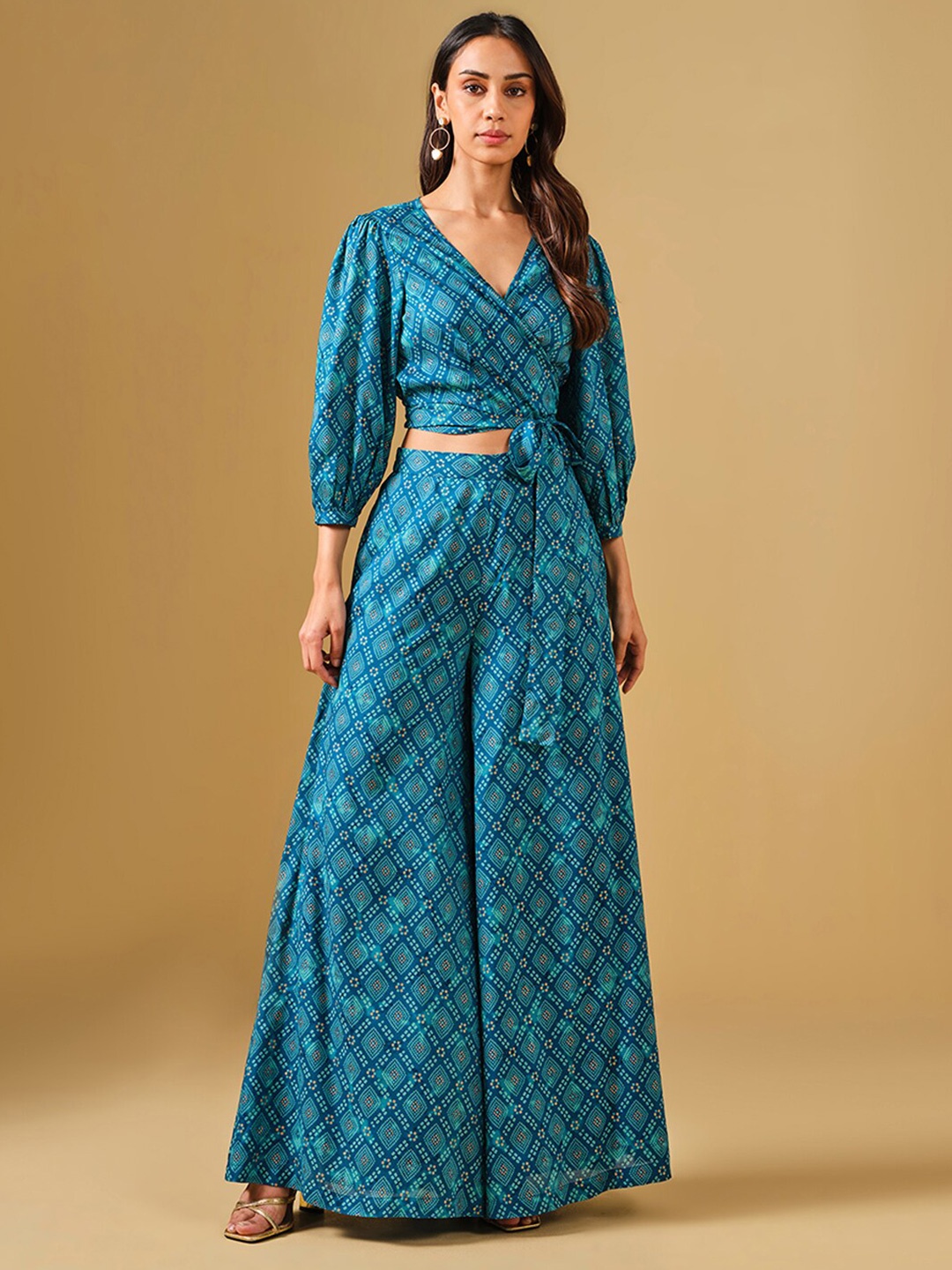

Global Desi Printed V-Neck Co-Ords Set, Blue