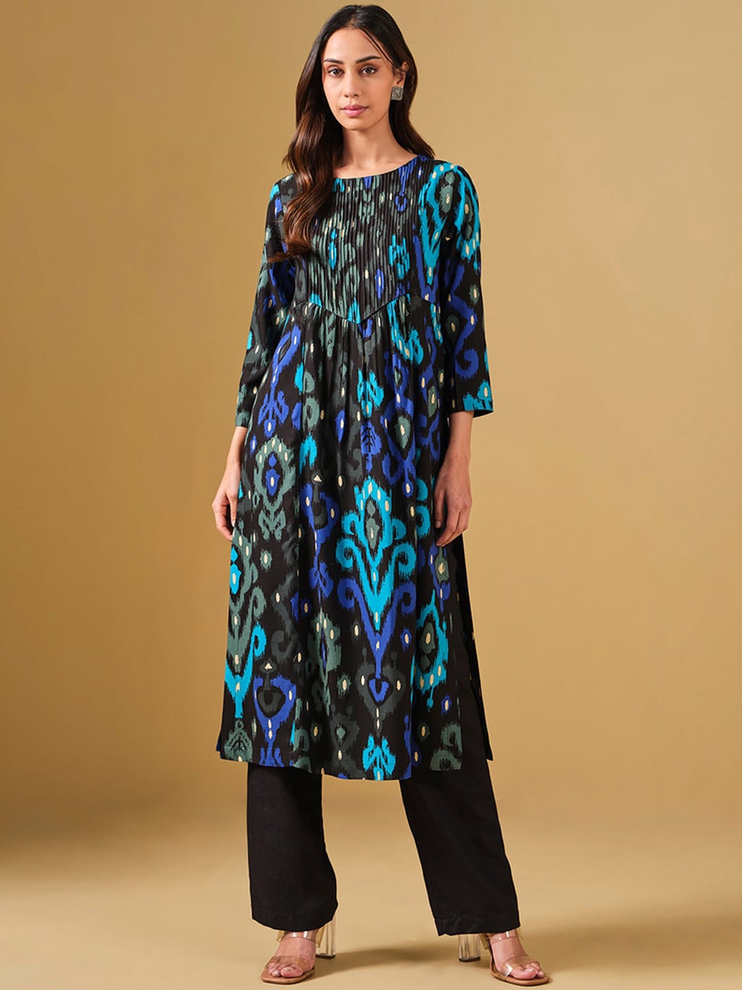 

Global Desi Ethnic Motifs Printed Pleated A-Line Kurta, Black