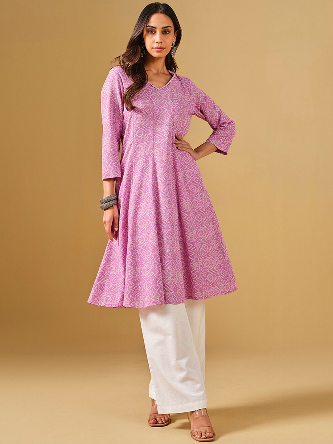 

Global Desi Bandhani Printed Anarkali Panelled SequinedKurta, Lavender