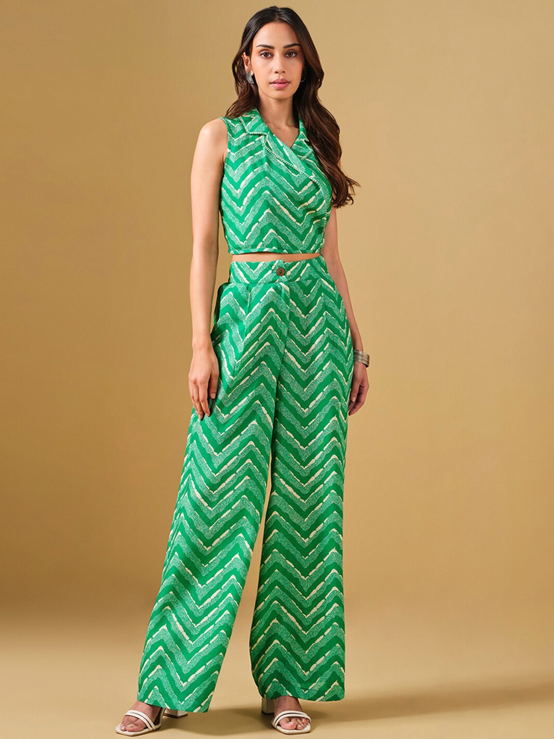

Global Desi Printed Sleeveless Top & Palazzo, Green
