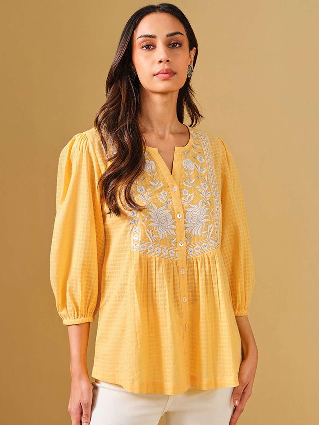

Global Desi Floral Embroidered Puff Sleeves A-Line Top, Yellow