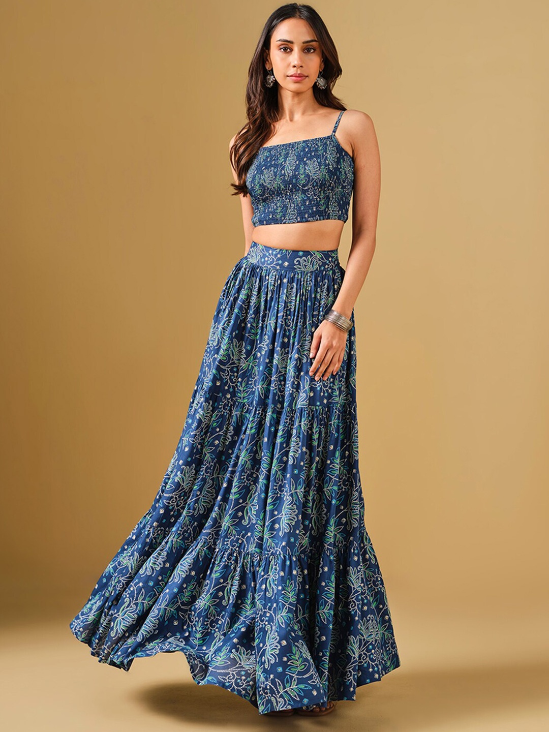 

Global Desi Floral Printed Ready to Wear Lehenga & Choli, Blue