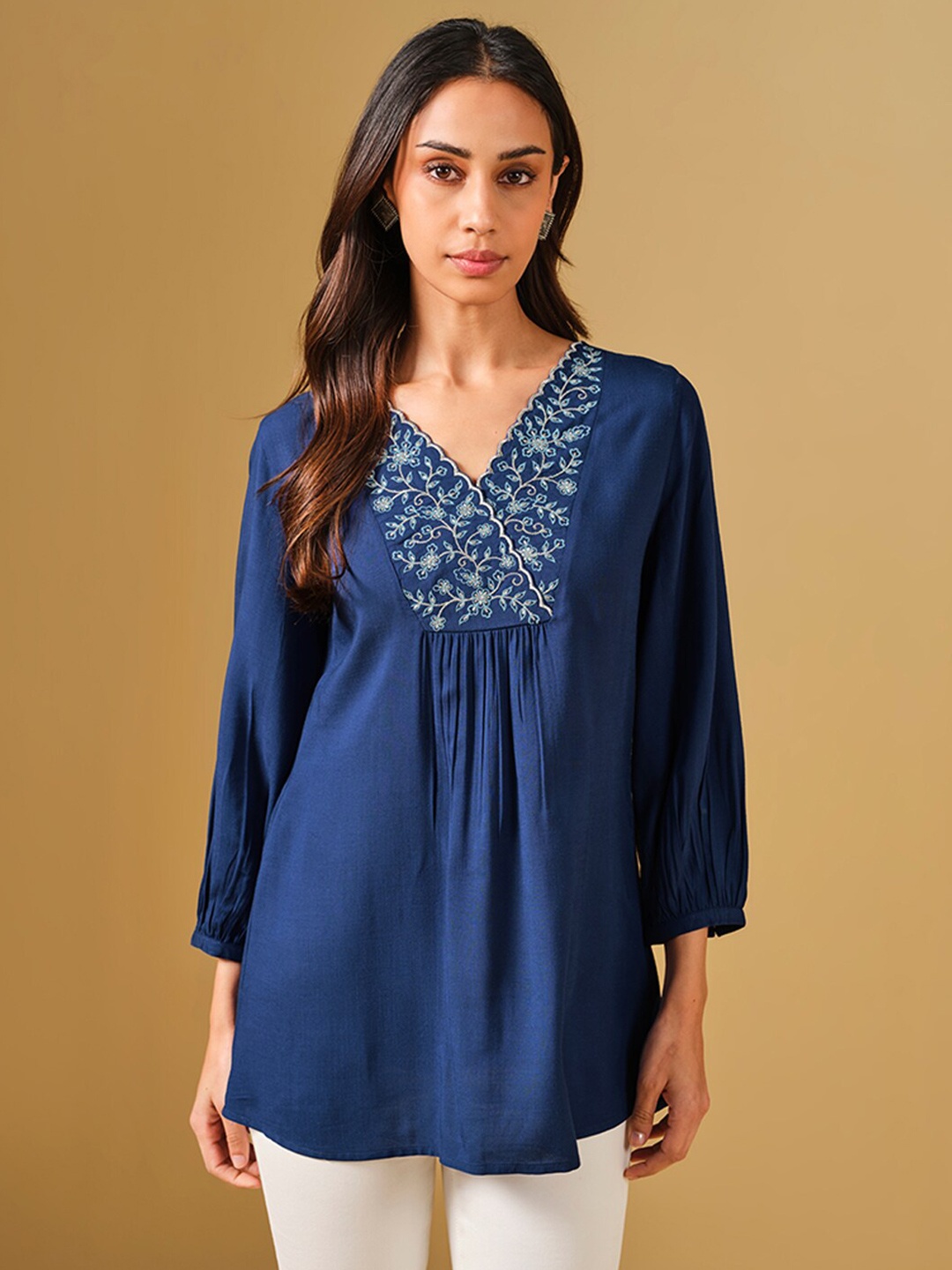 

Global Desi Floral Embroidered Puff Sleeve Longline Top, Blue