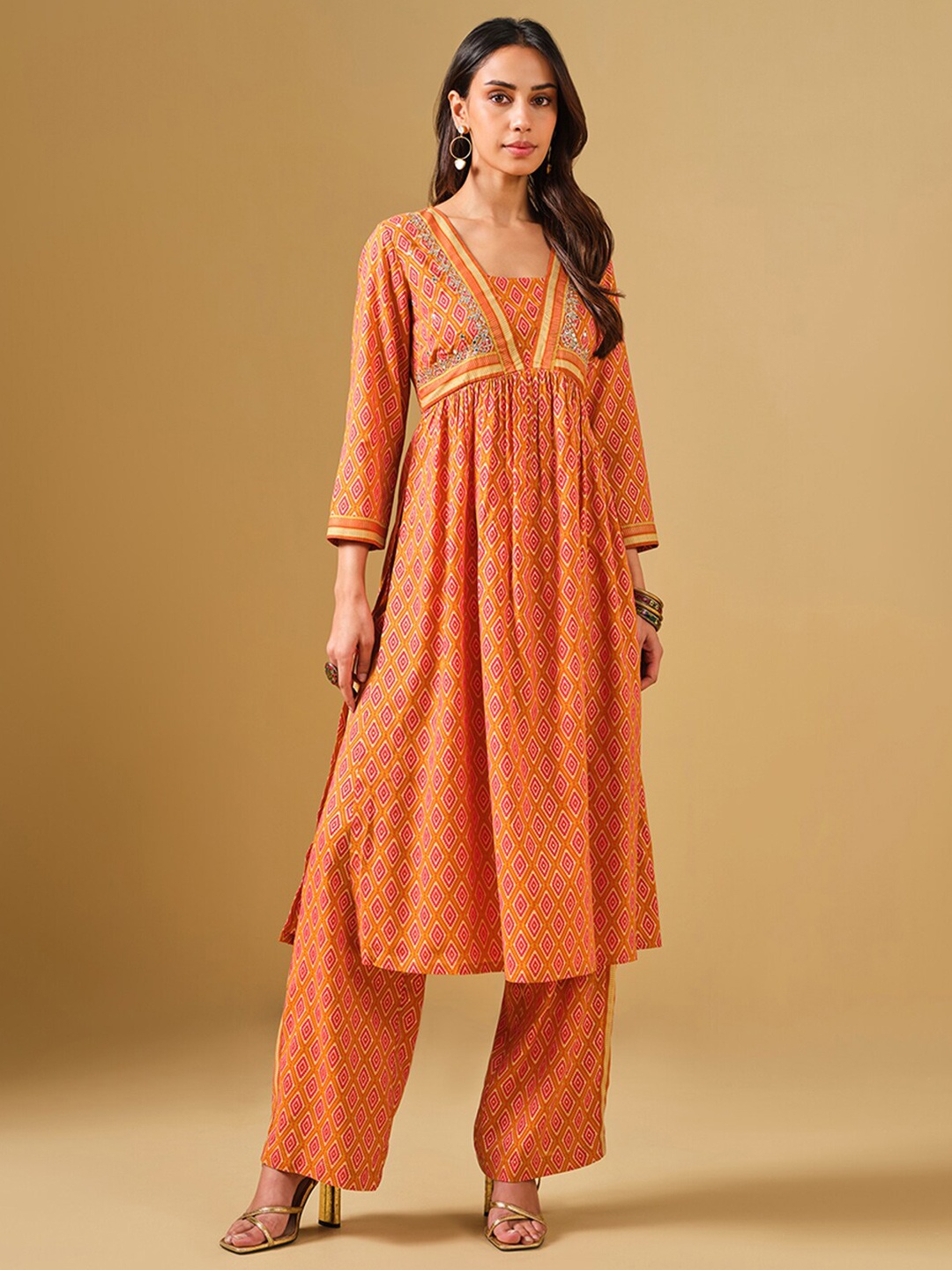 

Global Desi Ethnic Motifs Printed Anarkali Beads and Stones Kurta with Palazzos, Orange