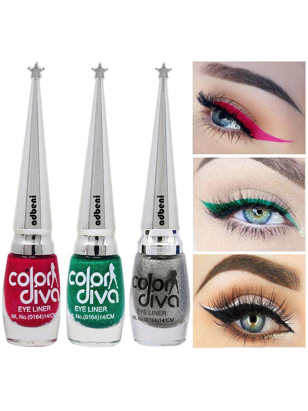 

Adbeni Color Diva Set Of 3 Long Lasting Liquid Eyeliner - 6ml Each - Pink-Green-Grey