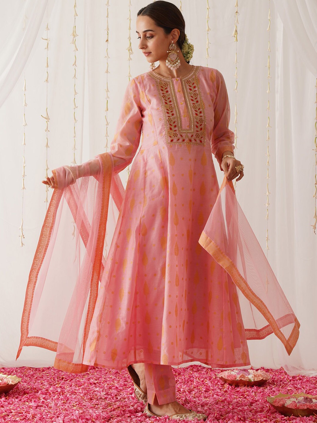 

Rustorange Floral Embroidered Angrakha Chanderi Silk Kurta with Salwar & Dupatta, Peach