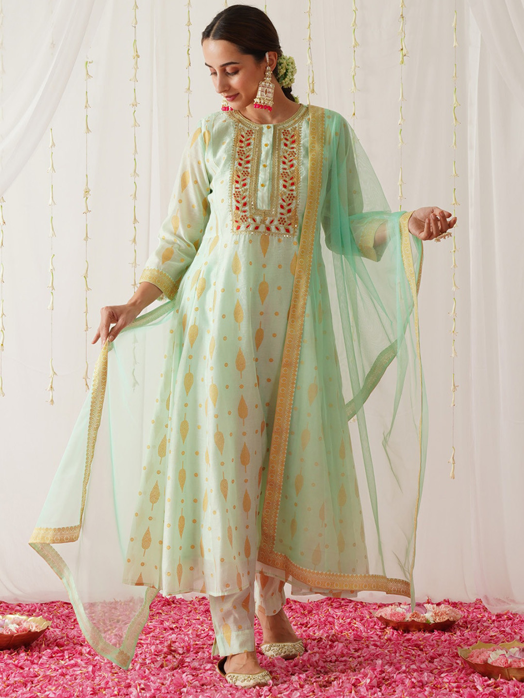 

Rustorange Floral Printed Zari A-Line Kurta with Trousers & Dupatta, Green