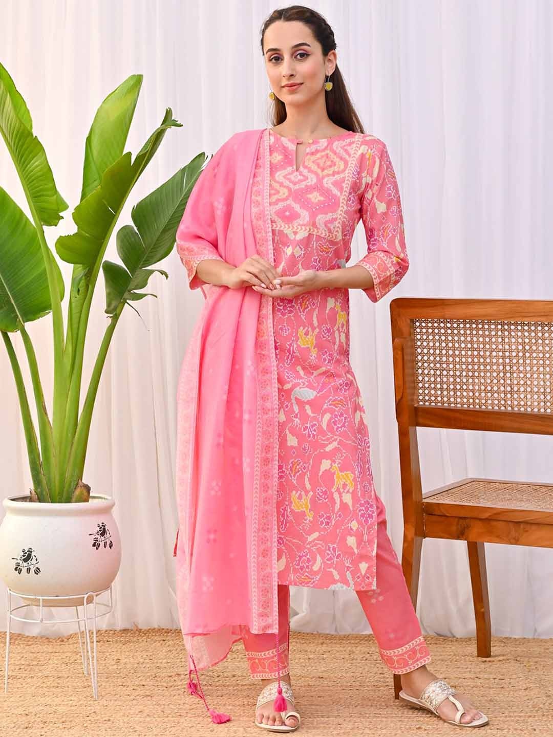 

Rustorange Notched Neck Yoke Design Floral Printed Straight Kurta with Trouser & Dupatta, Pink