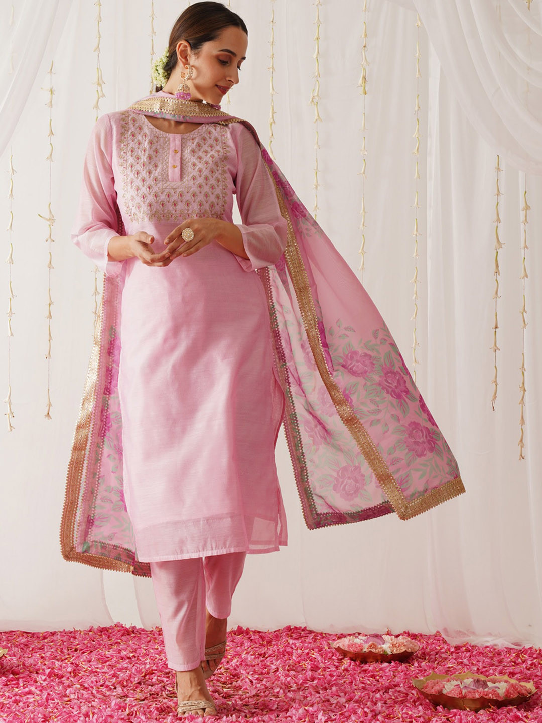 

Rustorange Floral Yoke Design Regular Chanderi Silk Kurta with Trouser & Dupatta, Pink