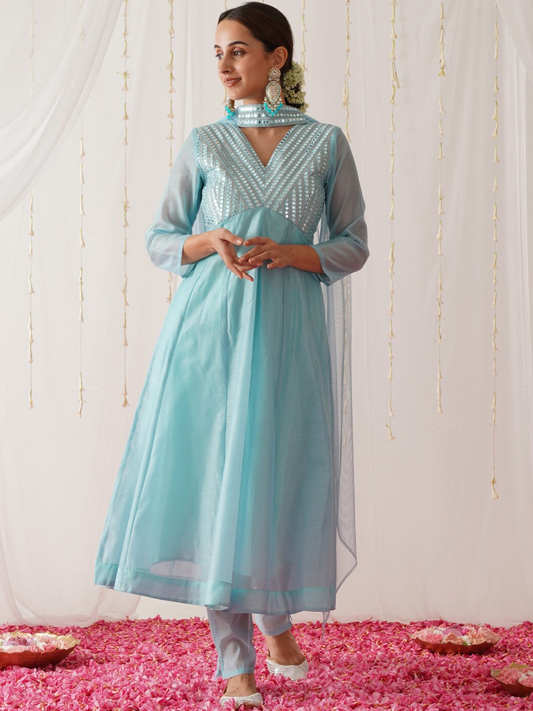 

Rustorange Embroidered Empire Sequinned Chanderi Silk Kurta with Trousers & With Dupatta, Blue