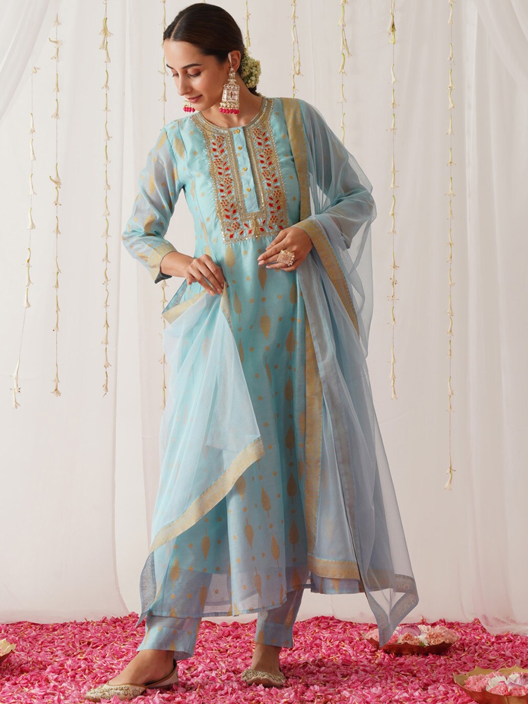 

Rustorange Floral Printed Empire Chanderi Silk Kurta with Trousers & With Dupatta, Blue