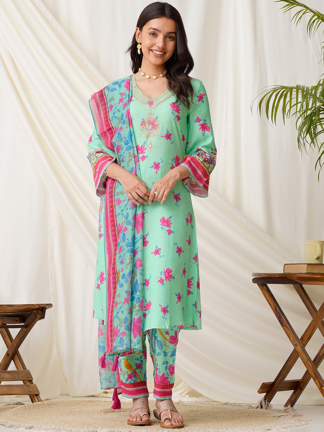 Rustorange Floral Printed V-Neck Thread Work Kurta with Trousers & With Dupatta, Green