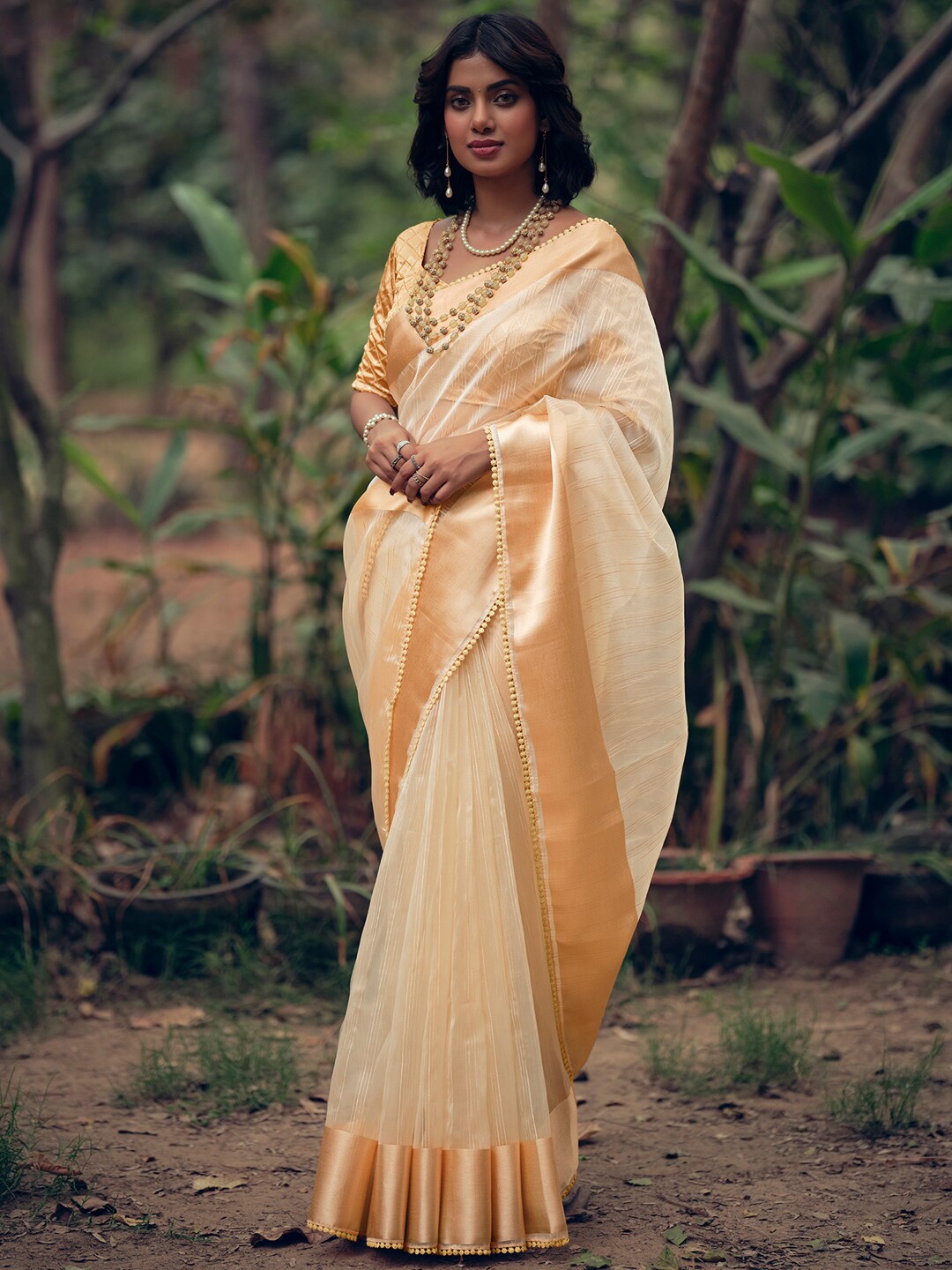 

Stylee LIFESTYLE Woven Design Zari Organza Saree, Gold