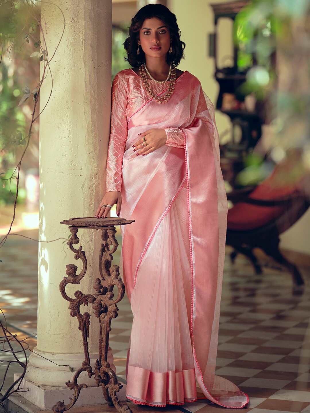 

Stylee LIFESTYLE Woven Design Zari Organza Saree, Pink