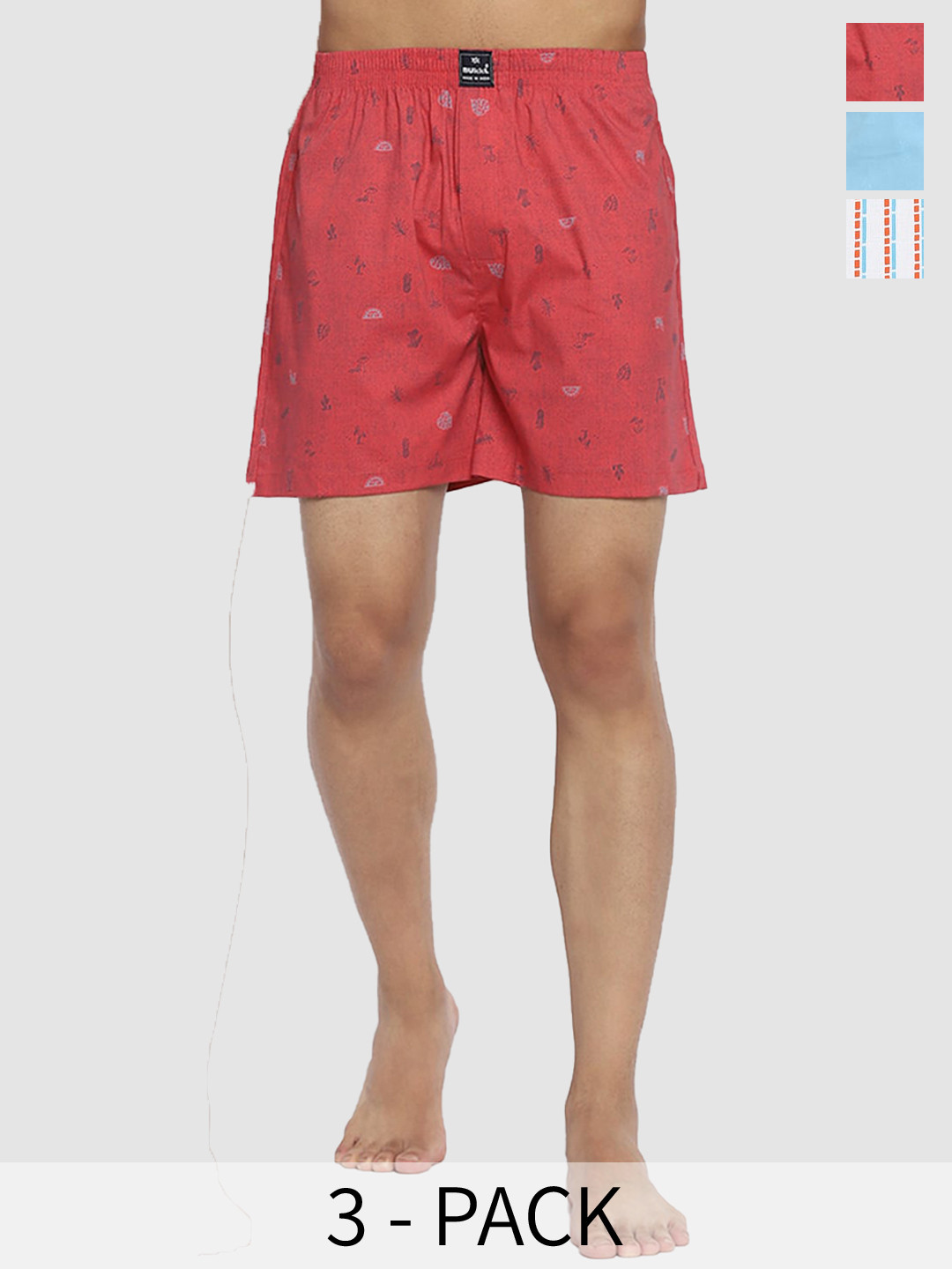 

Bukkl Pack Of 3 Printed Pure Cotton Boxers LAFFER-16, Red