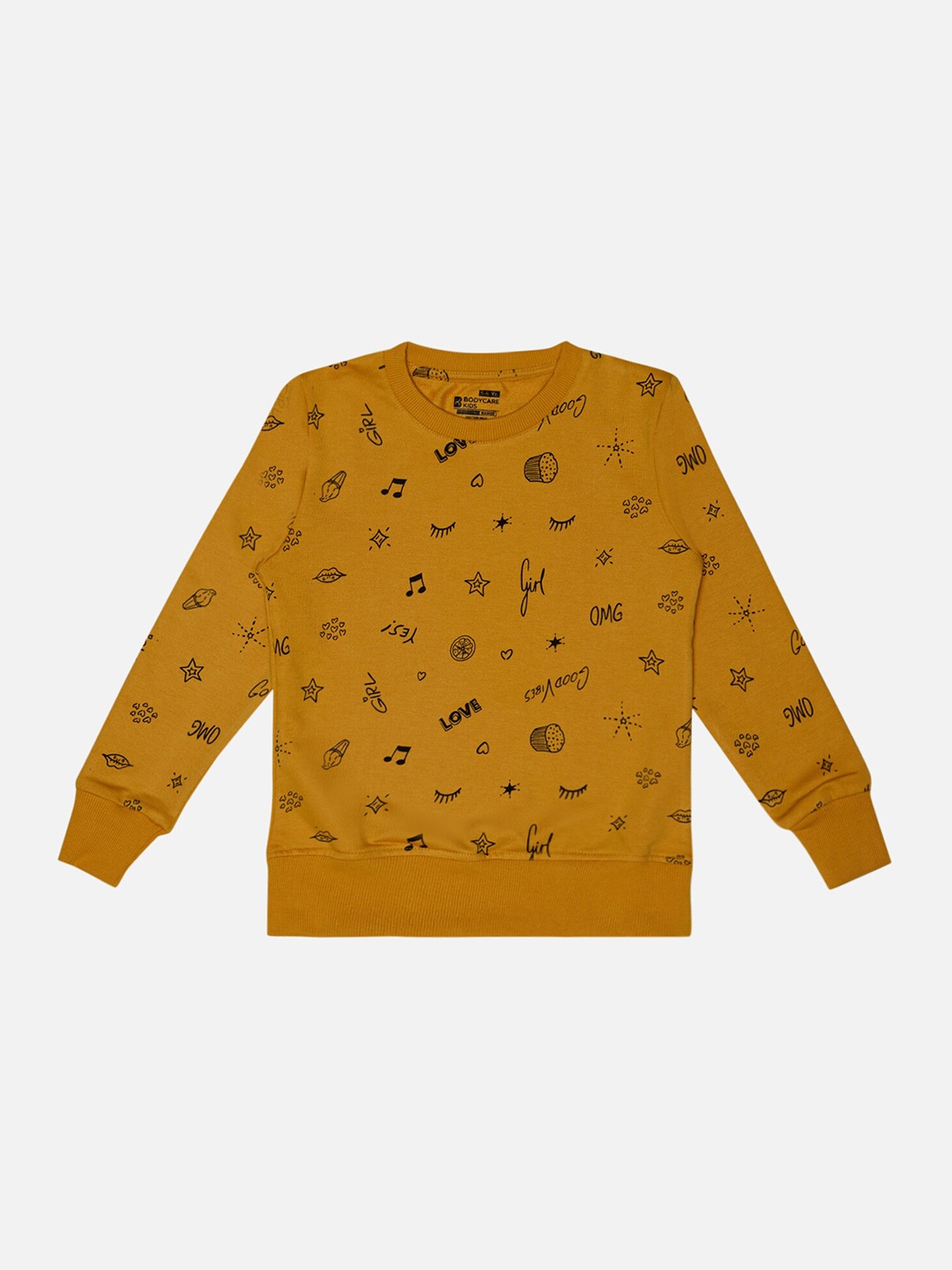 

Bodycare Kids Girls Conversational Printed Cotton Pullover Sweatshirt, Mustard
