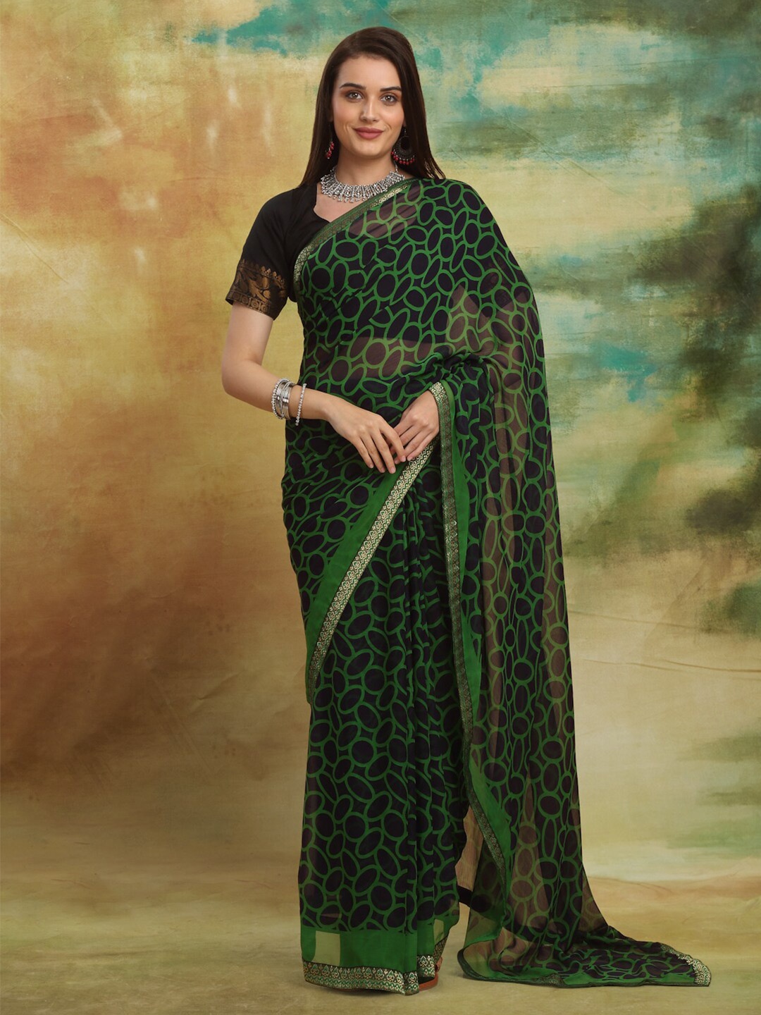 

Anuradha Sarees Geometric Printed Zari Block Print Saree, Green