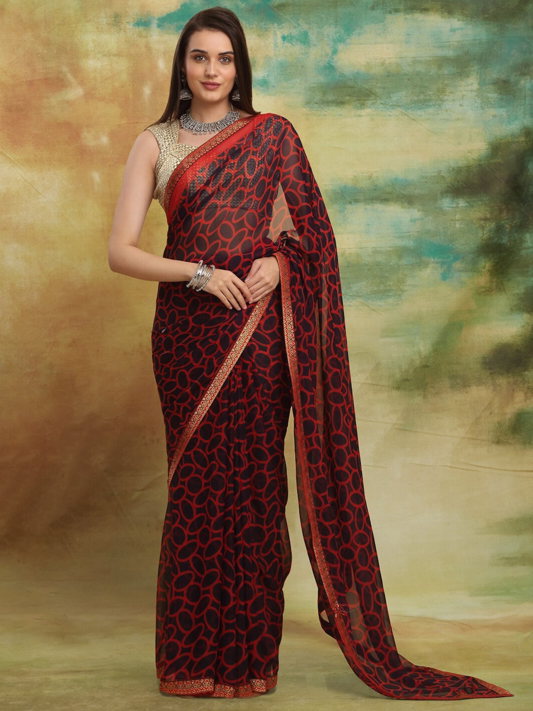 

Anuradha Sarees Geometric Printed Zari Block Print Saree, Red