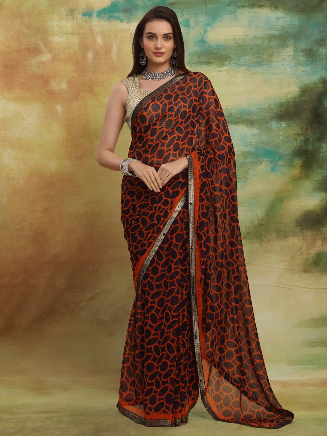 

Anuradha Sarees Geometric Printed Zari Block Print Saree, Orange