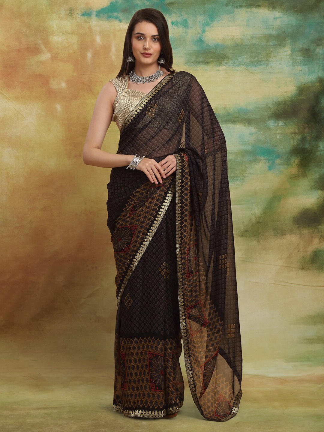 

Anuradha Sarees Ethnic Motifs Printed Zari Block Print Saree, Black