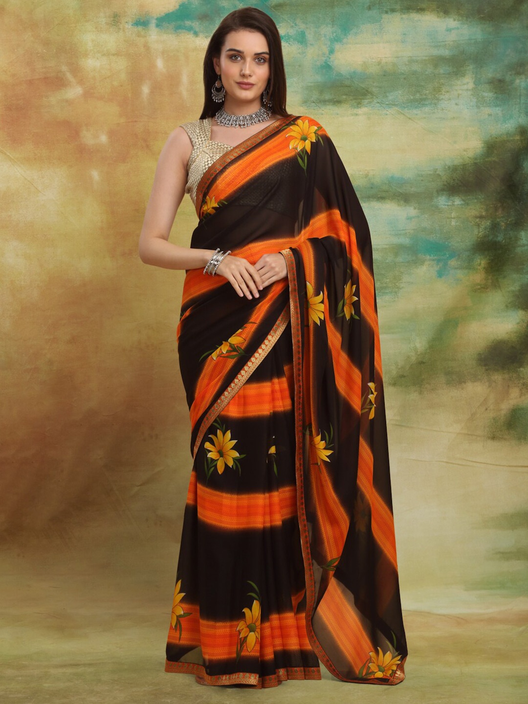 Anuradha Sarees Floral Printed Pure Georgette Zari Block Print Saree, Orange