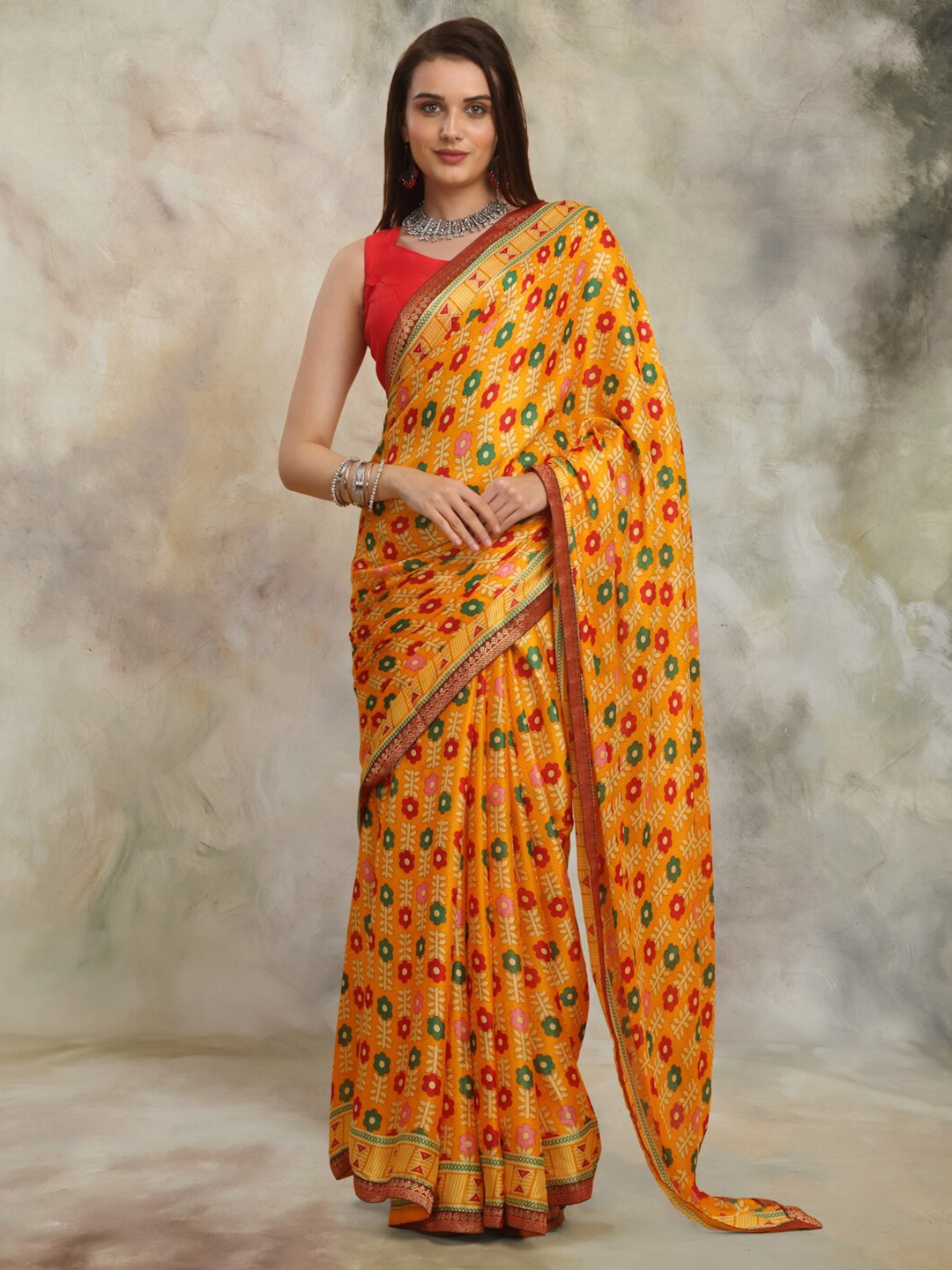 Anuradha Sarees Floral Printed Pure Georgette Zari Block Print Saree, Yellow