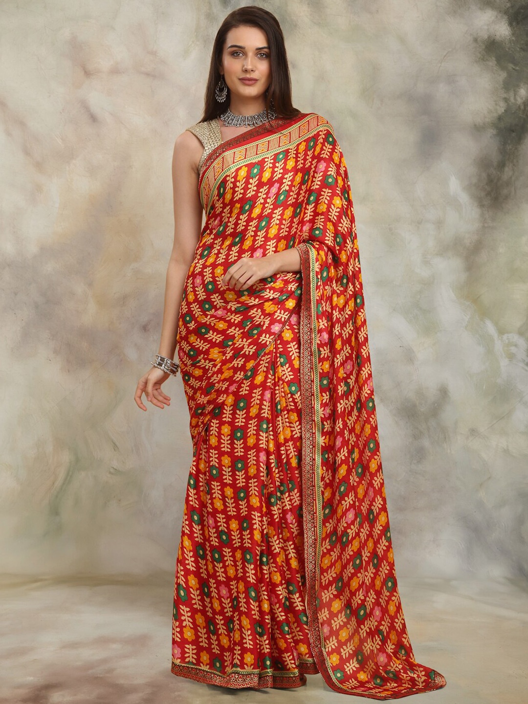 

Anuradha Sarees Ethnic Motifs Printed Pure Georgette Zari Block Print Saree, Red