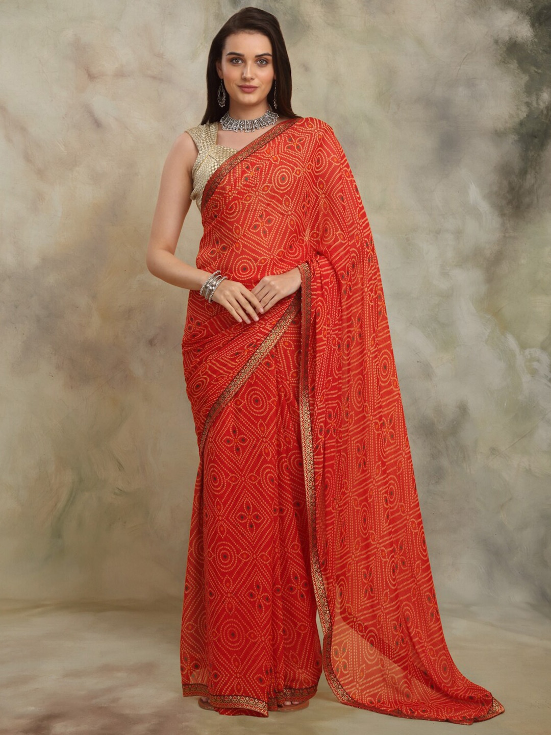 

Anuradha Sarees Bandhani Printed Pure Georgette Zari Block Print Saree, Red