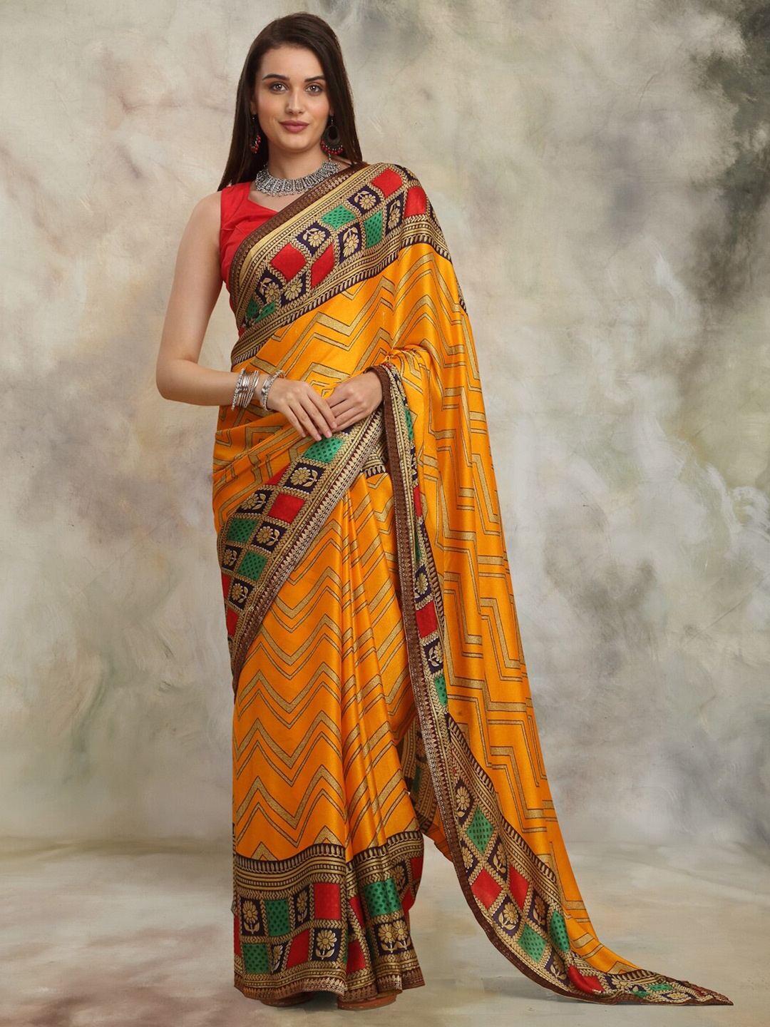 

Anuradha Sarees Striped Pure Georgette Zari Block Print Saree, Yellow