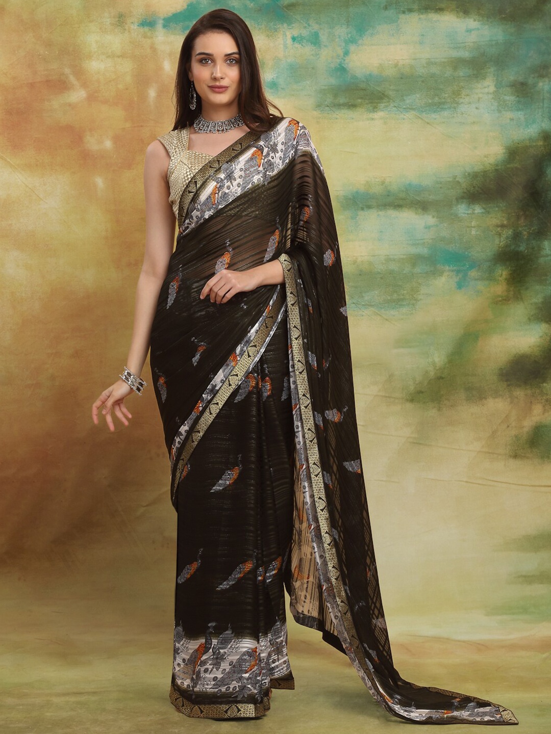 

Anuradha Sarees Ethnic Motifs Printed Pure Georgette Zari Block Print Saree, Olive