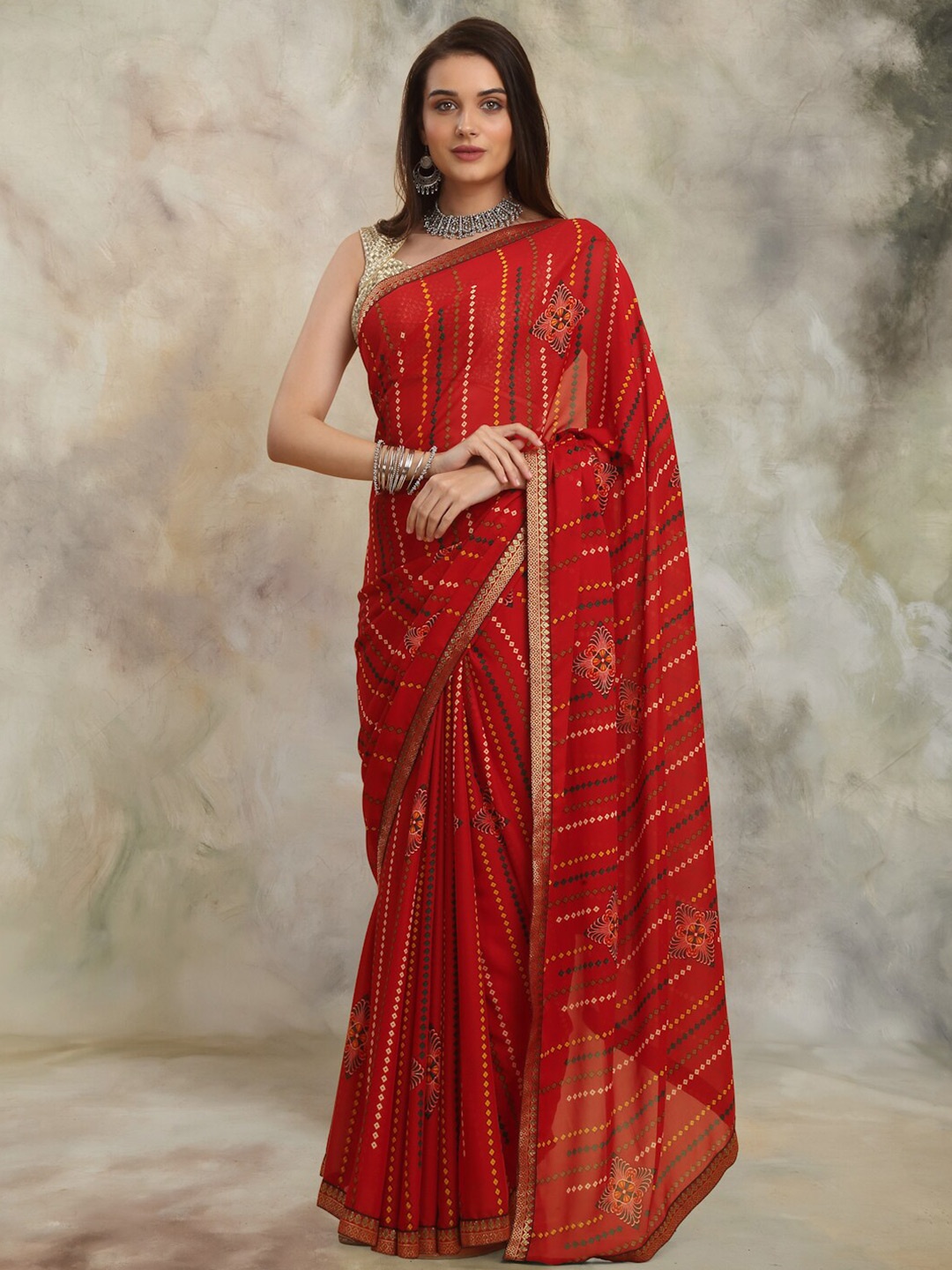

Anuradha Sarees Bandhani Printed Pure Georgette Zari Block Print Saree, Red