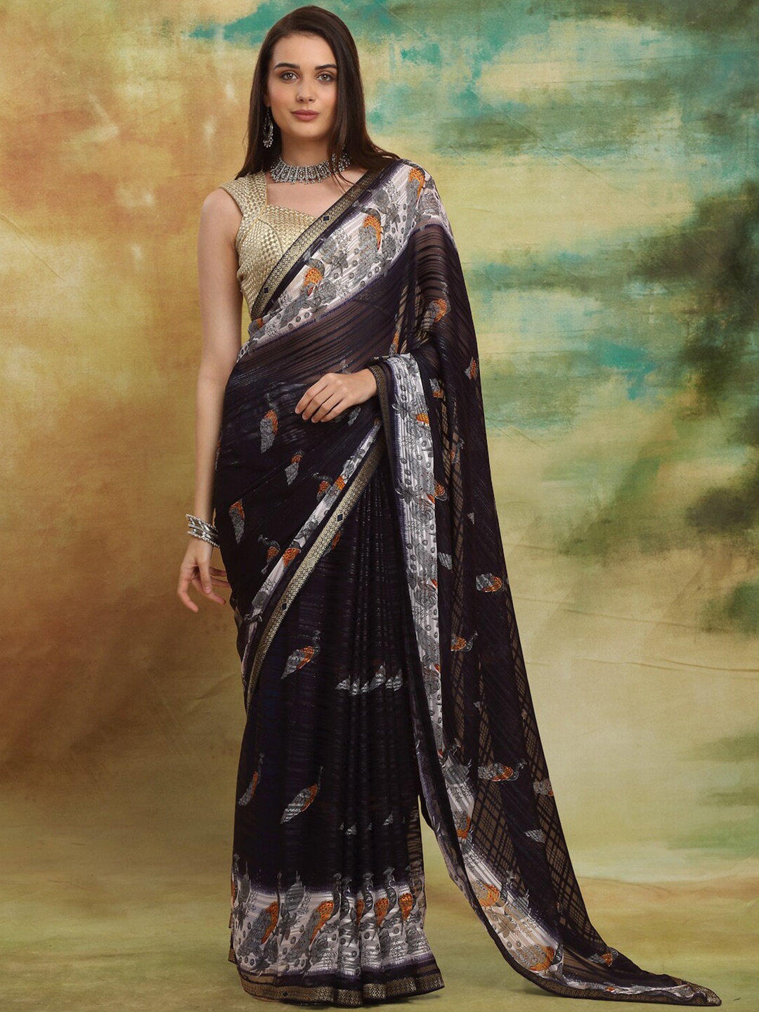 

Anuradha Sarees Ethnic Motifs Printed Pure Georgette Zari Block Print Saree, Navy blue
