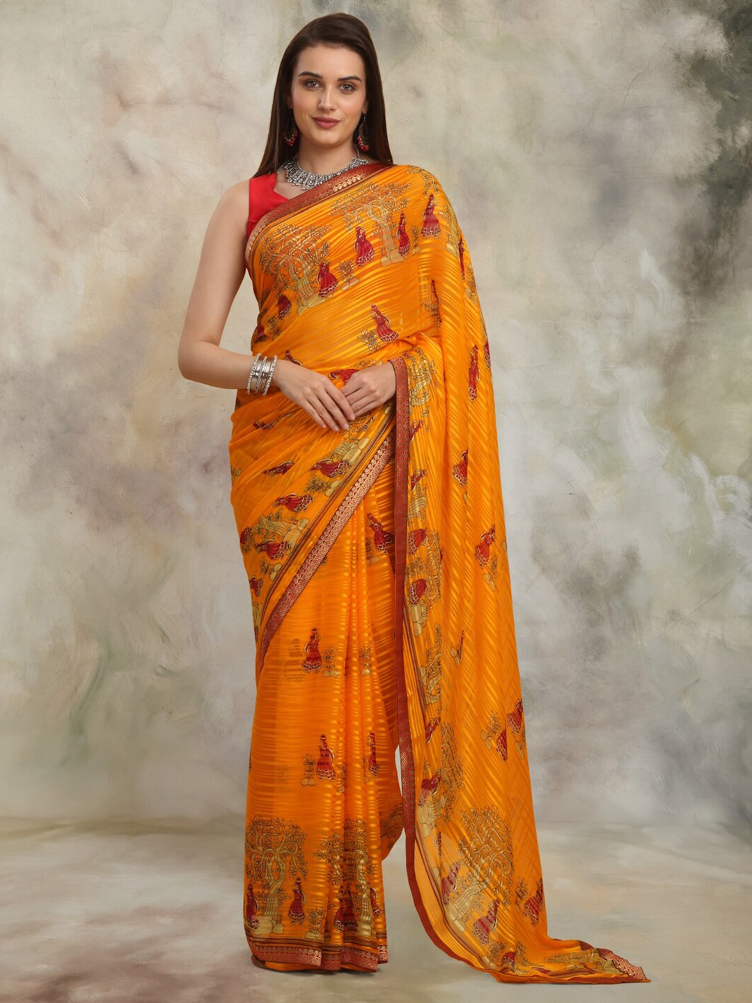 

Anuradha Sarees Ethnic Motifs Printed Pure Georgette Zari Block Print Saree, Gold