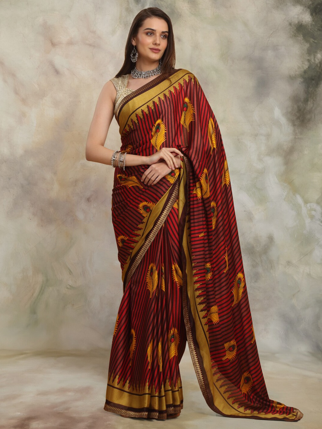 Anuradha Sarees Floral Zari Block Print Saree, Red