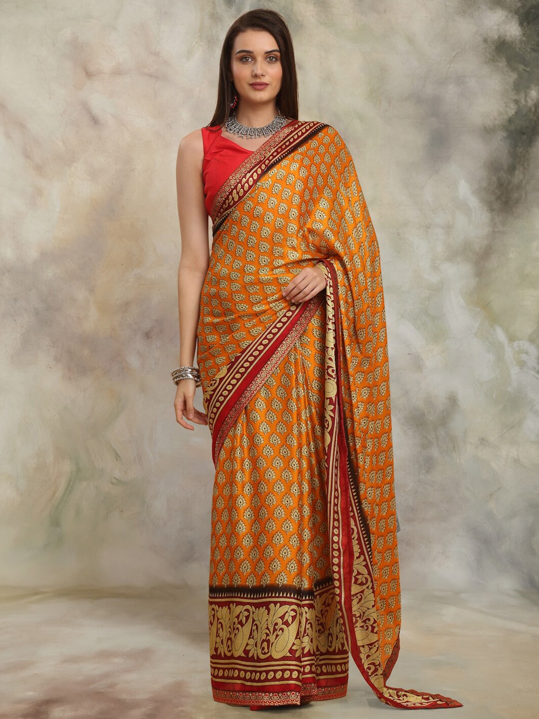 

Anuradha Sarees Ethnic Motifs Zari Block Print Saree, Yellow
