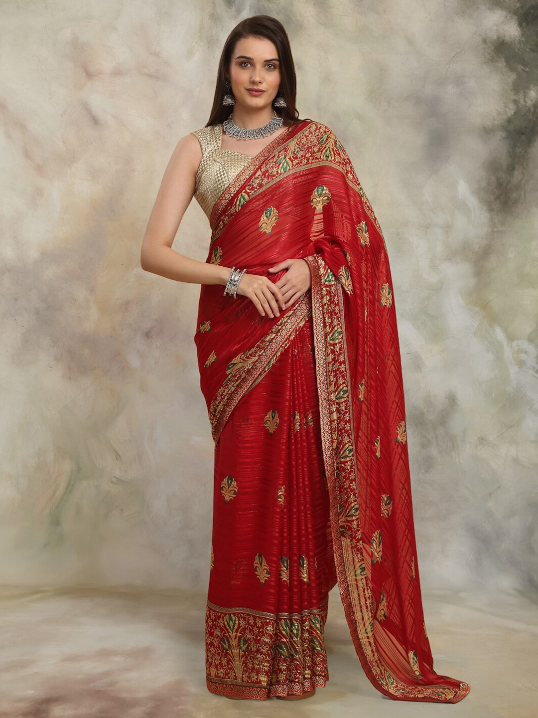 Anuradha Sarees Ethnic Motifs Zari Block Print Saree, Red