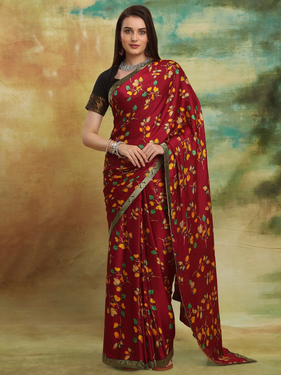 Anuradha Sarees Floral Zari Block Print Saree, Maroon