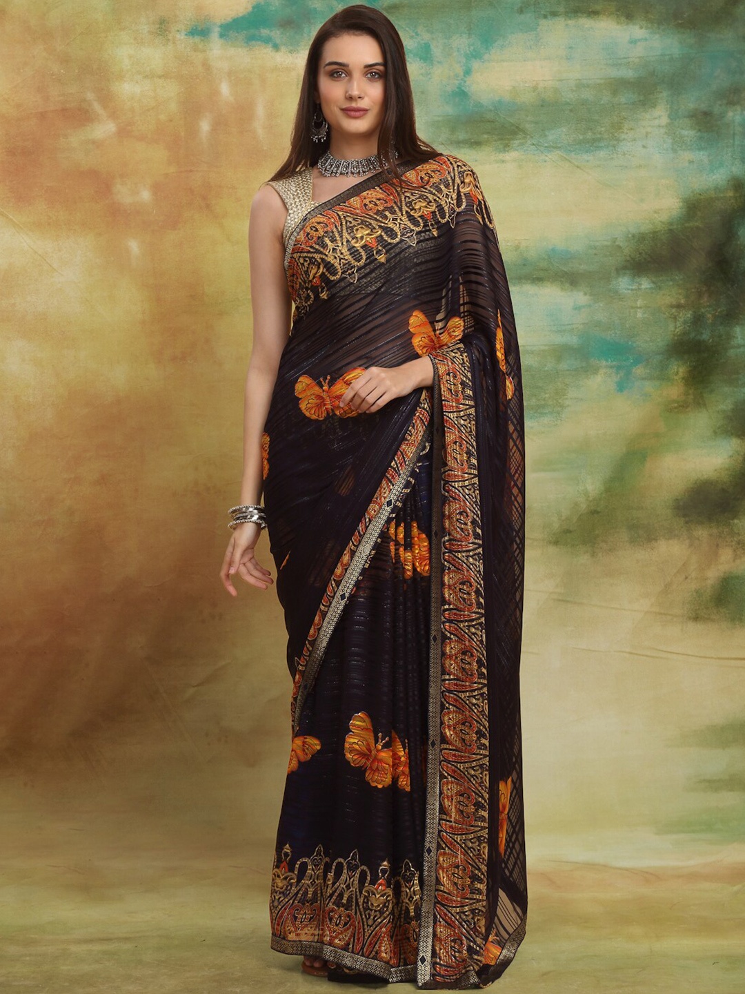 

Anuradha Sarees Ethnic Motifs Zari Block Print Saree, Black