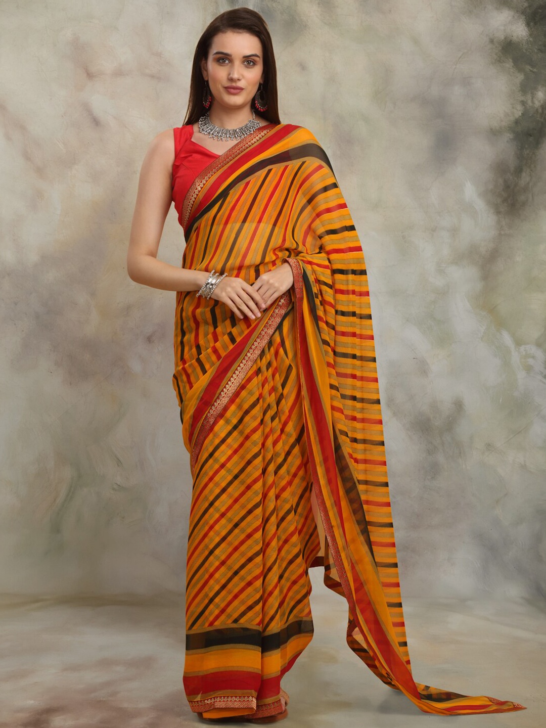 

Anuradha Sarees Leheriya Zari Block Print Saree, Yellow