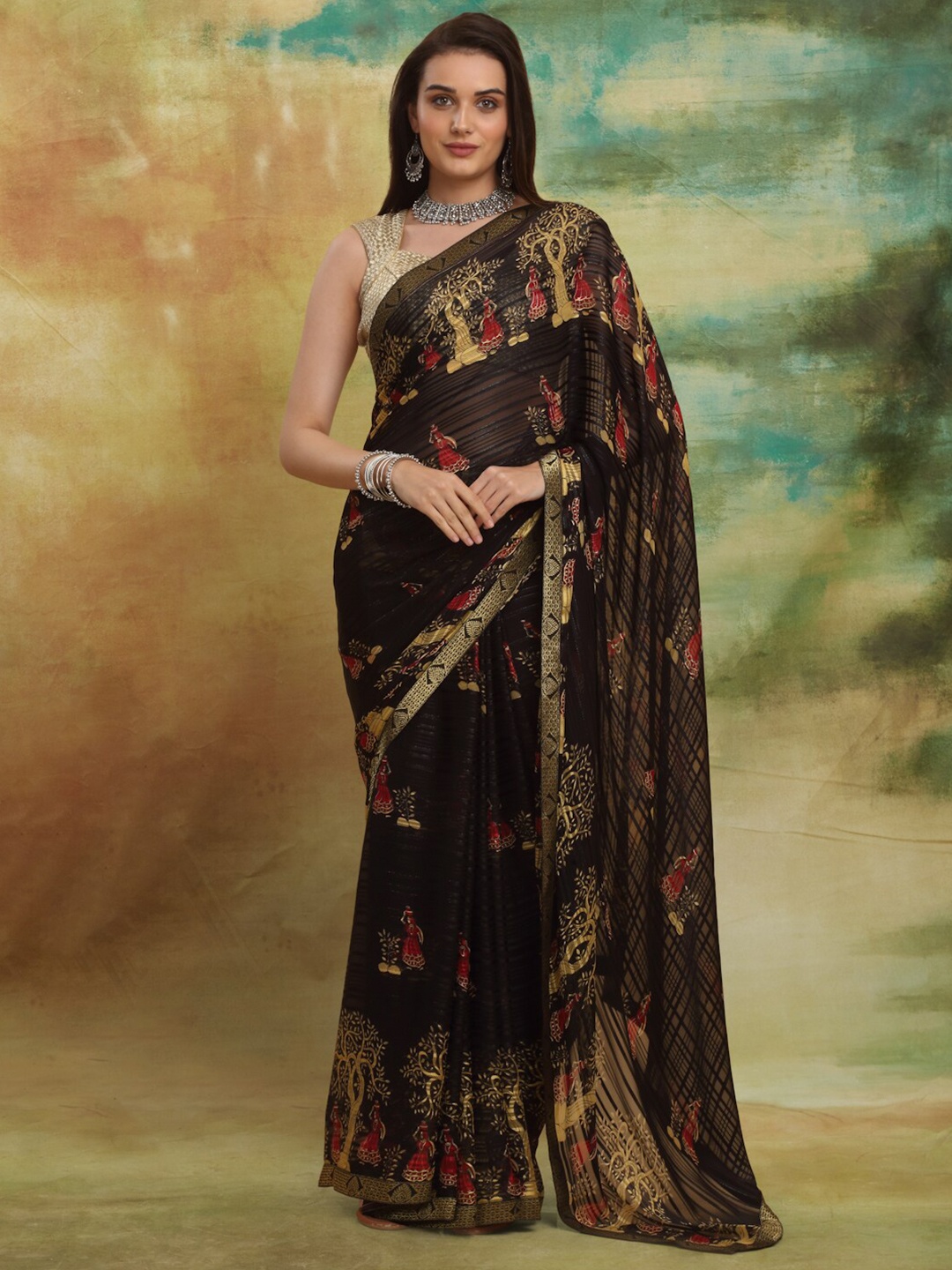 

Anuradha Sarees Ethnic Motifs Zari Block Print Saree, Black