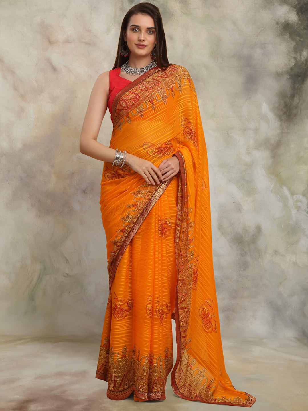 

Anuradha Sarees Ethnic Motifs Zari Block Print Saree, Orange