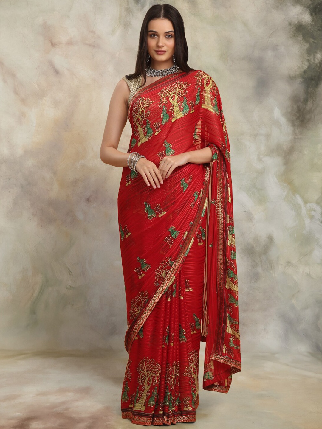 

Anuradha Sarees Ethnic Motifs Zari Block Print Saree, Red
