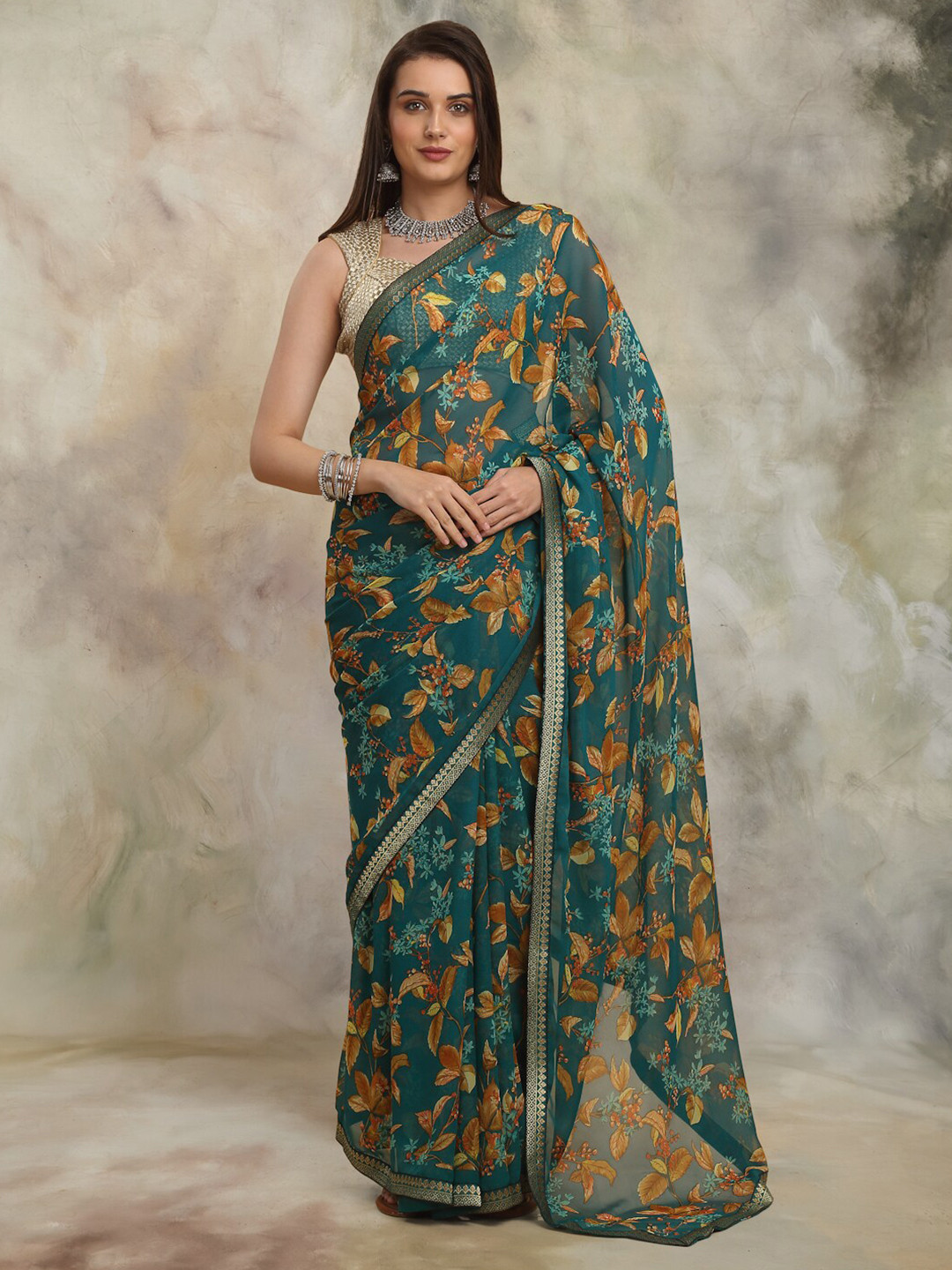 

Anuradha Sarees Floral Zari Block Print Saree, Blue