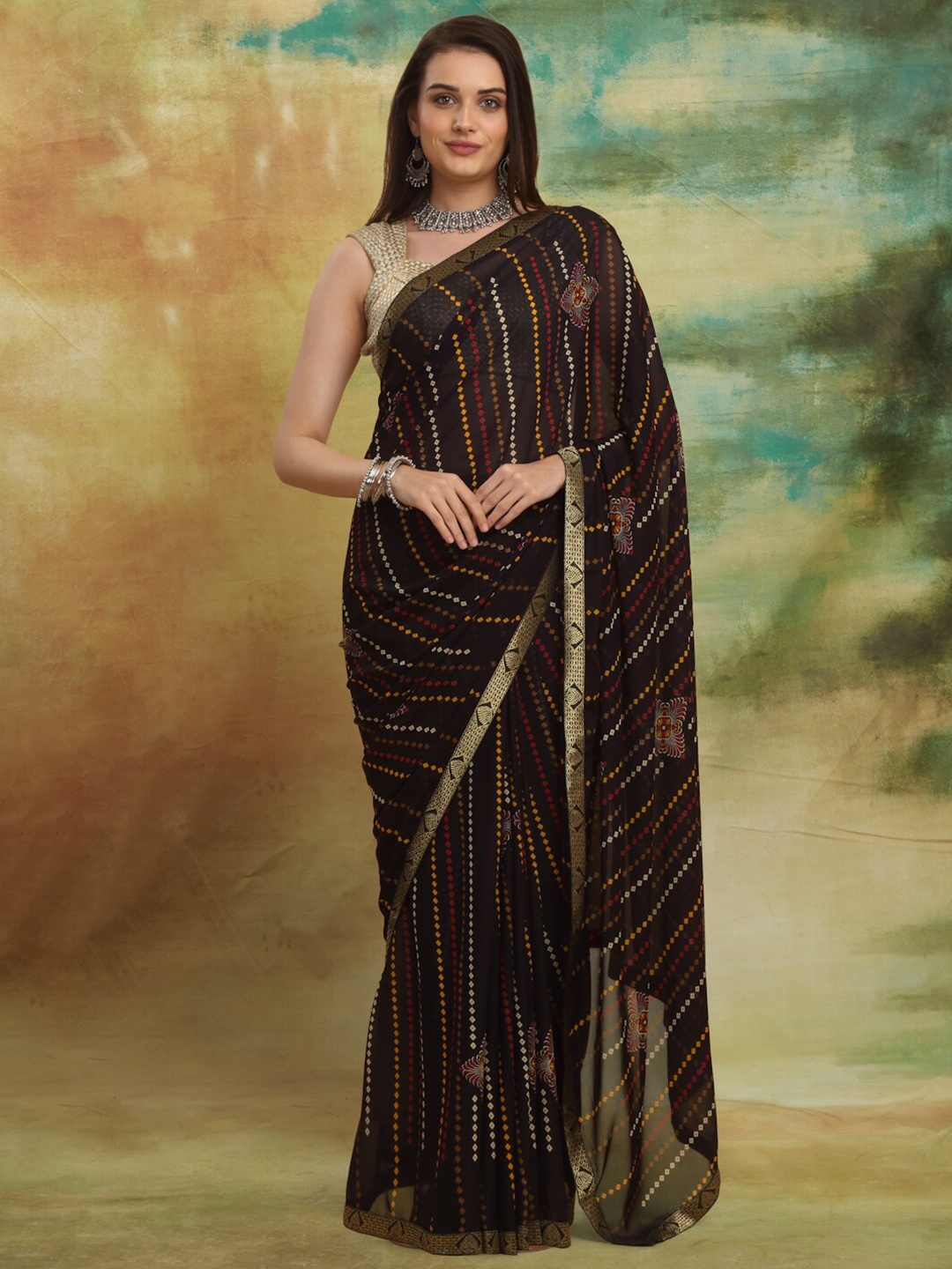 

Anuradha Sarees Bandhani Zari Block Print Saree, Blue