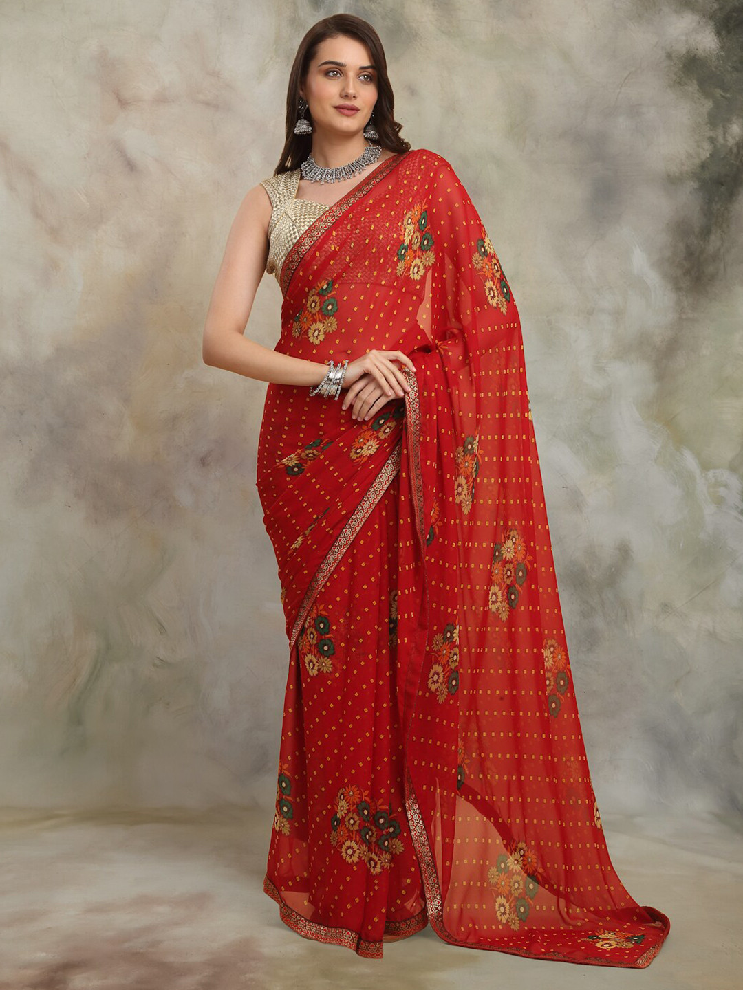 

Anuradha Sarees Ethnic Motifs Zari Block Print Saree, Red