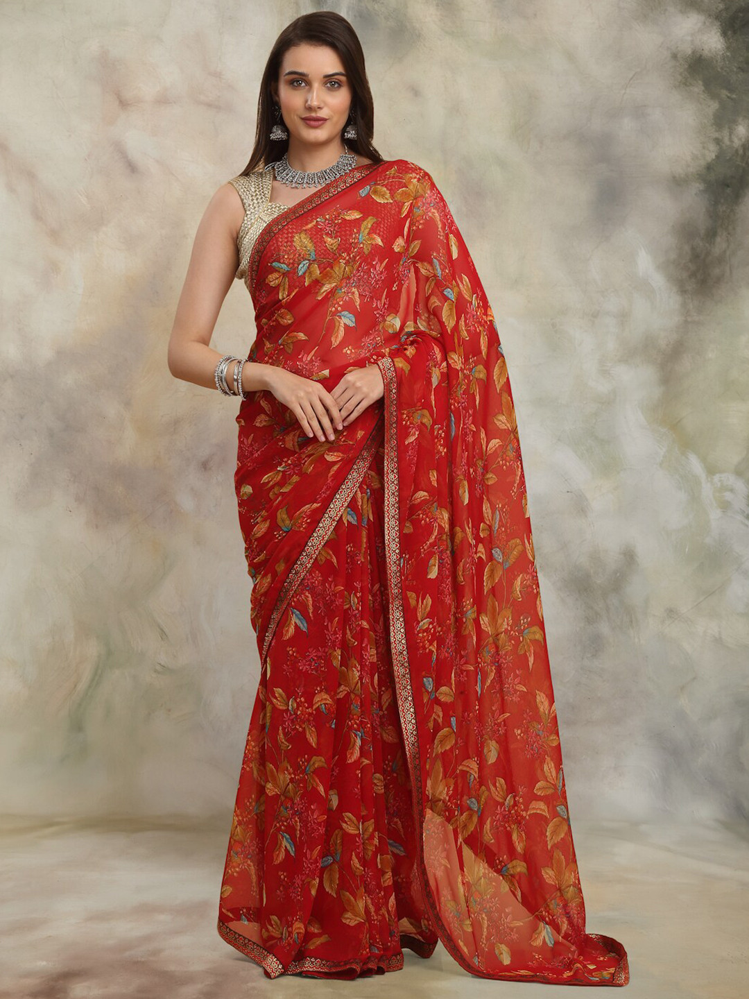 

Anuradha Sarees Floral Zari Block Print Saree, Red